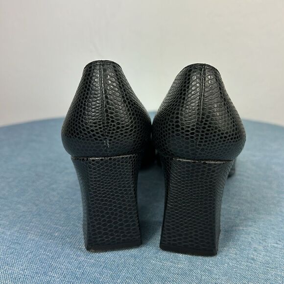 Stuart Weitzman Black Snakeskin Embossed Square Toe Block Heeled Slip On Pumps - Picture 4 of 11
